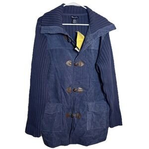 NWT Denim‎ & Co Women's XL Navy Toggle Coat Rib Knit Sleeves Corduroy Jacket QVC